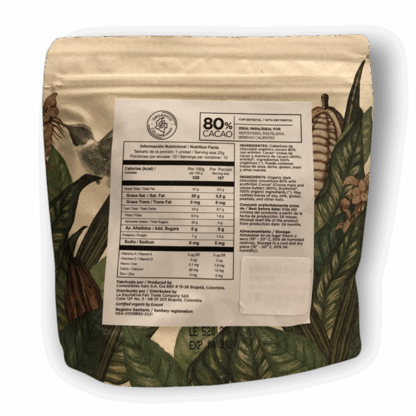 Equiori Cobertura Chocolate Oscuro al 80% Con Eritritol x 200g - Imagen 2